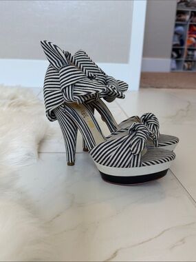 L.A.M.B. Navy and White Striped Knot Platform Heels
